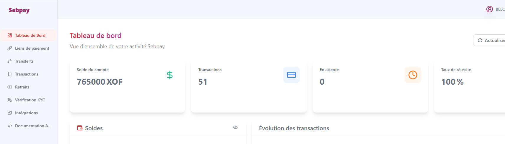 Tableau de bord Sebpay - chiffre d'affaires sans commission