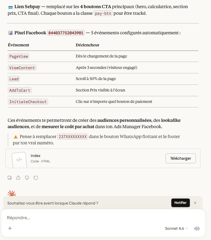Configuration automatique pixel et lien paiement