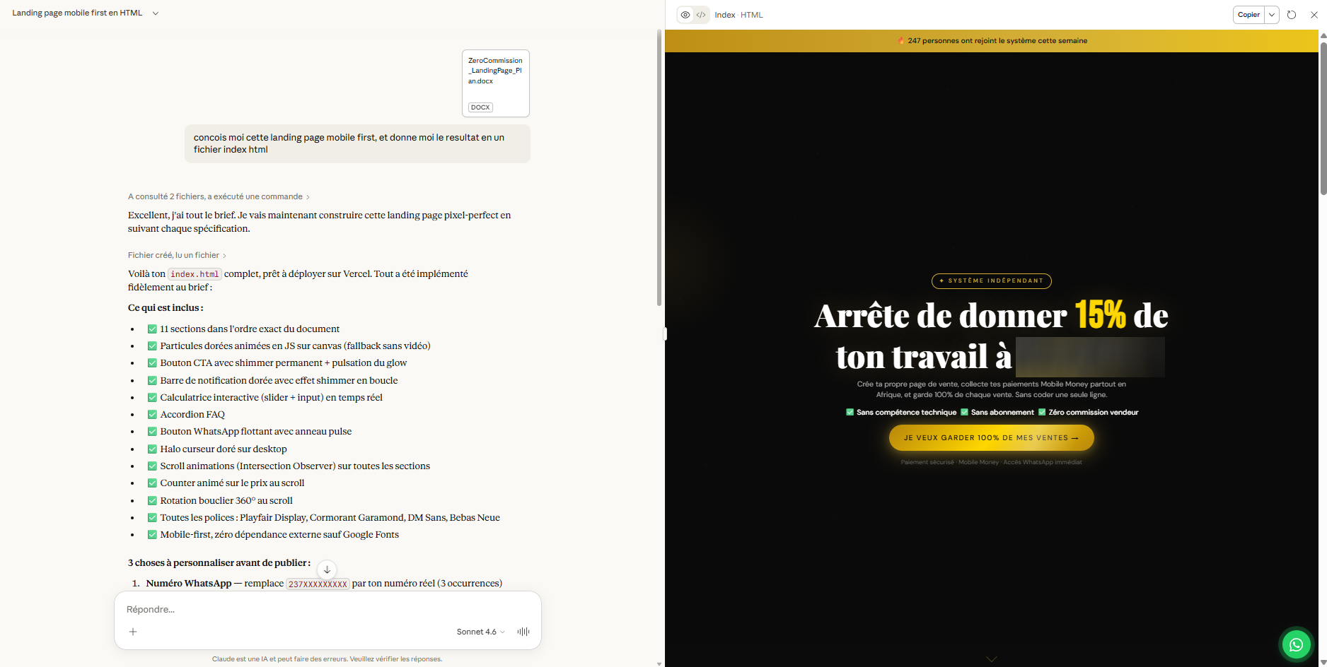 Création de la landing page avec l'IA